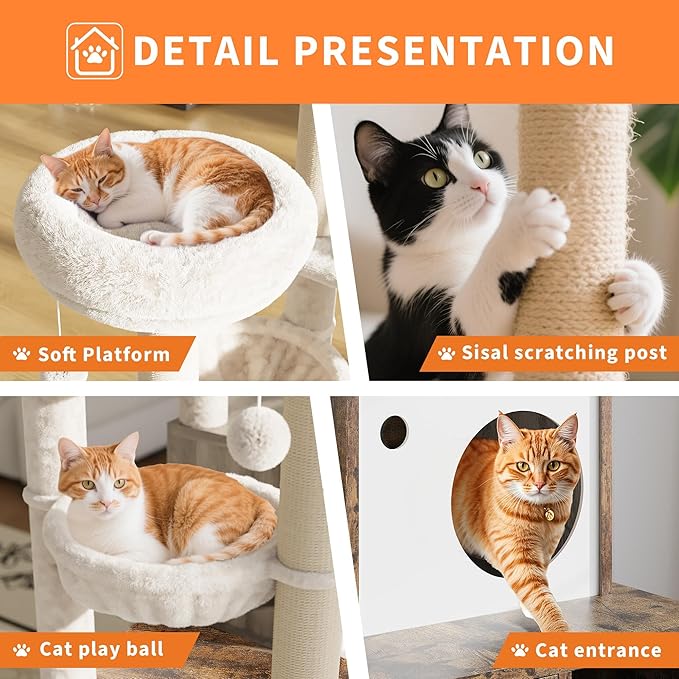 Furniture Style Cat Tree Tower & Hidden Litter Box Cabinet Combo – Multi-Level Cat House with Sisal Scratching Posts, Perch & Luxury Hammock