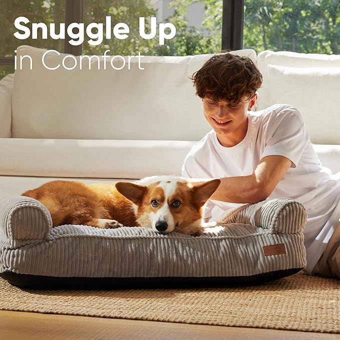 FUKUMARU Dog Couch Bed, Corduroy Cozy Cat Bed for Indoor Cats with Washable Cover, 28in Waterproof Orthopedic Dog Beds Sofa for Small Dogs and Large Cats, Cute Warm Cotton Pet Sofa, Grey