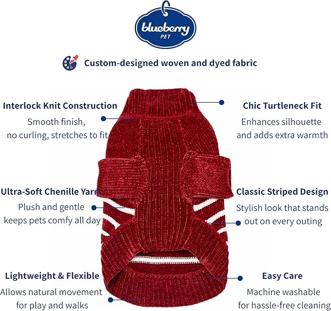 Blueberry Pet Cozy Soft Chenille Classy Striped Dog Sweater in Burgundy Red, Back Length 20", Pack of 1 Clothes for Dogs