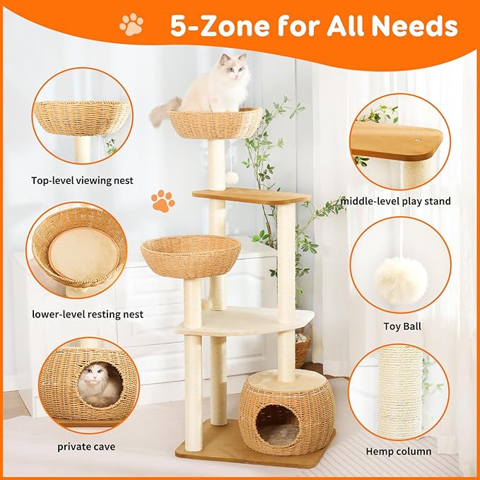 Modern Cat Tree Tower,Rattan Cat Tree Condo,Sisal-Covered Scratching Posts for Indoor Cats, Multi-Level Cat Condo with Space Capsule Nest, Tall Cat Tree for Multiple Large Cats