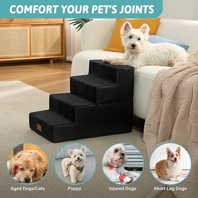 COZY KISS Dog Stairs for Small Dogs, 4 Tier Removable Pet Stairs for Couch and Bed, 17.7" H Dog Steps for Old Cats, Puppy, Small Dogs, 15.7x23.6x17.7 inch, Black