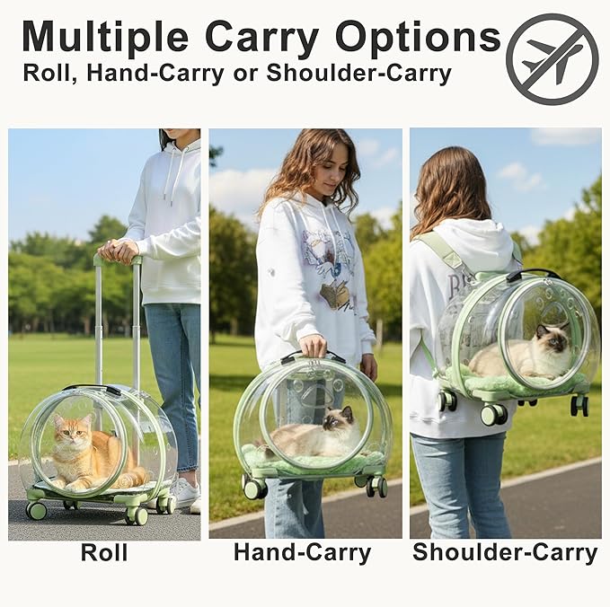 Hard Shell Cat Carrier with Wheels, Rolling Cat Travel Carrier with Telescoping Handle, Transparent Pet Carrier for Cats (Green)