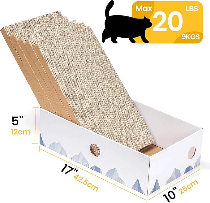 Conlun Cat Scratcher Box with Heavy-Duty Double-Sided Cardboard Pad, Cardboard Lounger, Cat Bed for Indoor Cats, Interactive Hole Design, Large - 5 Pack, White