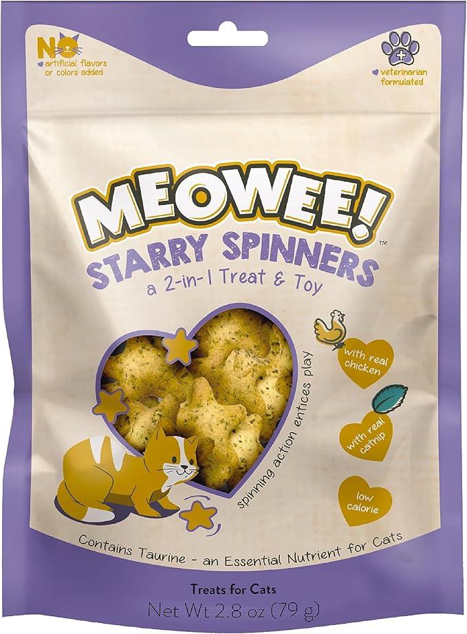 MEOWEE! Starry Spinners Cat Treat, 2.8 Ounce, 2-in-1 Treat & Toy Made with Real Chicken, Chicken Liver & Catnip, Encourages Playfulness & Low Calorie (Pack of 2)