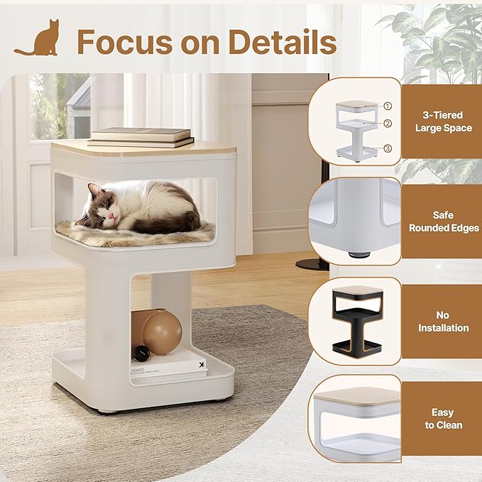 EUREKA ERGONOMIC Side Table Cat Beds, Square End Table with Cat House, Metal Nightstand with 3 Tier Storage, Modern Side Table End Beside Table for Living Room Bedroom Indoor, Easy Assembly, White