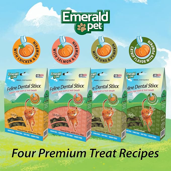Emerald Pet Grain-Free Salmon Cat Dental Treats – Crunchy Dental Sticks for Cats to Clean Teeth, Reduce Plaque & Tartar, Freshen Breath – Pumpkin for Digestive Health, Natural Cat Chews, 3.6 oz