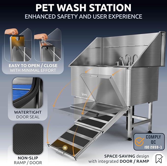 KANIS Professional Dog Washing Station 304 Stainless Steel Pet Wash Sink & Grooming Bathtub w/Shower, Floor Grates and Storage for Large, Medium & Small Pets (Silver, 50 Inches, Right Ramp, 1 Drawer)