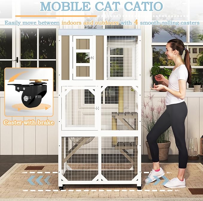Ketive 64" Large Wooden Catio Outdoor Cat Enclosure, Window Cat House with Wheels & 3 Platforms, Kitty Cage with Weatherproof Roof for Multiple Cats (Gray)