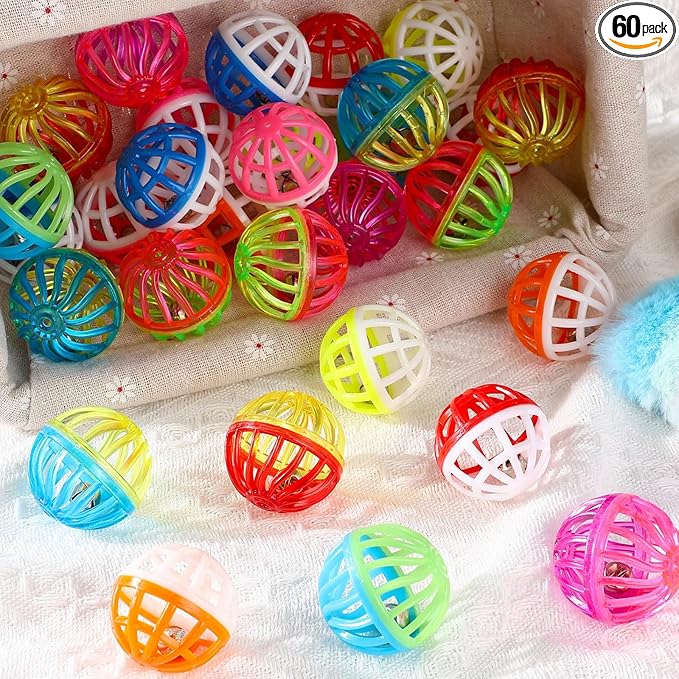 Silkfly 60 Pcs Value Cat Toy Balls with Bells, Plastic Lattice Jingle Balls for Kittens, Interactive Chasing & Pounce Rattle Toys, Assorted Colors