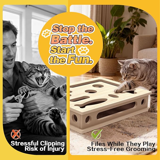 Cat Scratch Puzzle Enrichment Box, Interactive Cat Nail File Box with Sandpaper Liner for Cat Claw Care, Cat Scratch Puzzle Box - Stress Free Alternative to Clippers & Grinders for Indoor Cats