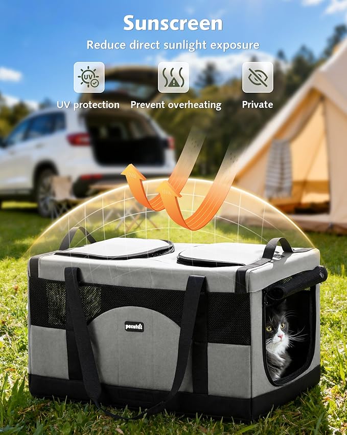 Pecute Dual Compartment Pet Carrier for Multi-Cat Families & Small Dog Owners, Collapsible Dog Crate with Reinforced Steel Frame, Car Safety Design for Travel, Vet Visits & Home Use, Gray