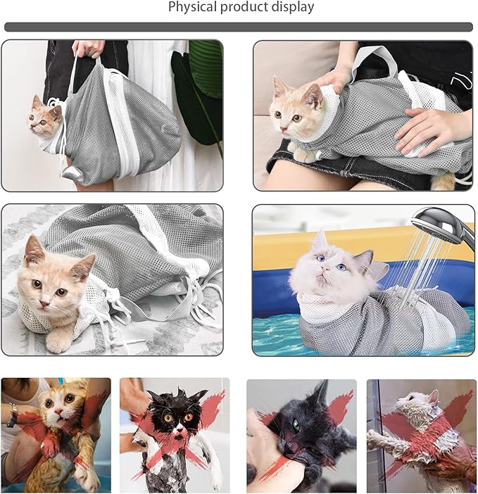 Adjustable Multifunctional Anti-Bite Shower Net, Cat Grooming Mesh Bag, Bath Brush & Nail Clipper (A-Grey)