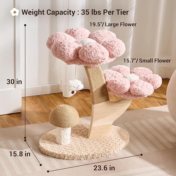 Aesthetic Flower Cat Tree Tower with Scratching Post for Indoor Cats, 30" H Modern Cat Tree with Wood Sculpted Branch, Flower Cat Beds, Mushroom Scratcher & Interactive Squeaky Toy, Pink