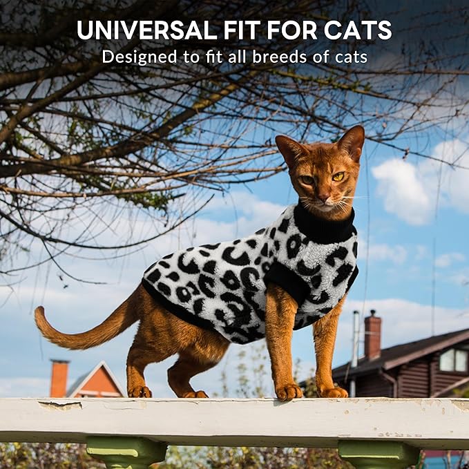 PUMYPOREITY Winter Warm Cat Sweater - Super Soft & Elastic Knit with Plush Fleece, Easy-On Design with Ribbed Neck & Cuffs, Stretchy Cat Outfit for Indoor/Outdoor Use,Black Leopard, S
