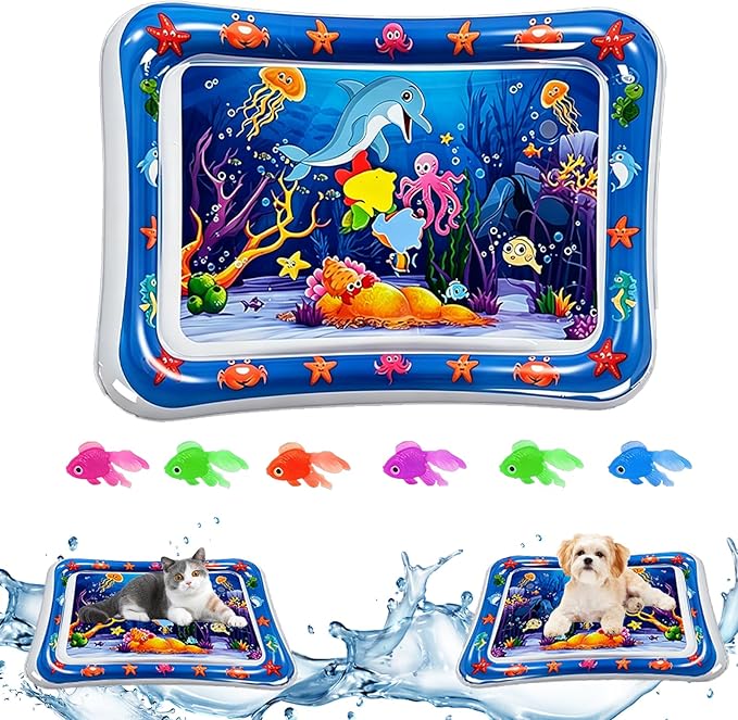 2 Pack Upgraded 0.8MM Thickened Cat Water Mat with Fish, Interactive Cat Toy for Indoor Cats to Exercise, Cooling & Heating Water Bed Sensory Play Mat for Bored Adult Kitten Cats to Hunting