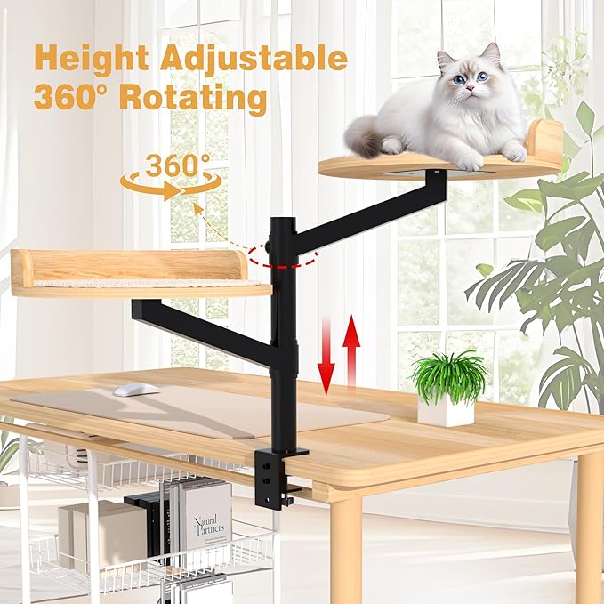 Cat Desk Bed for Indoor, 15.75" Double Cat Beds for Desk with Mats, 360° Rotating & Height Adjustable, Each Supports up to 22kg/48.5 lb, Modern Furniture for Office Desks and Gaming Tables