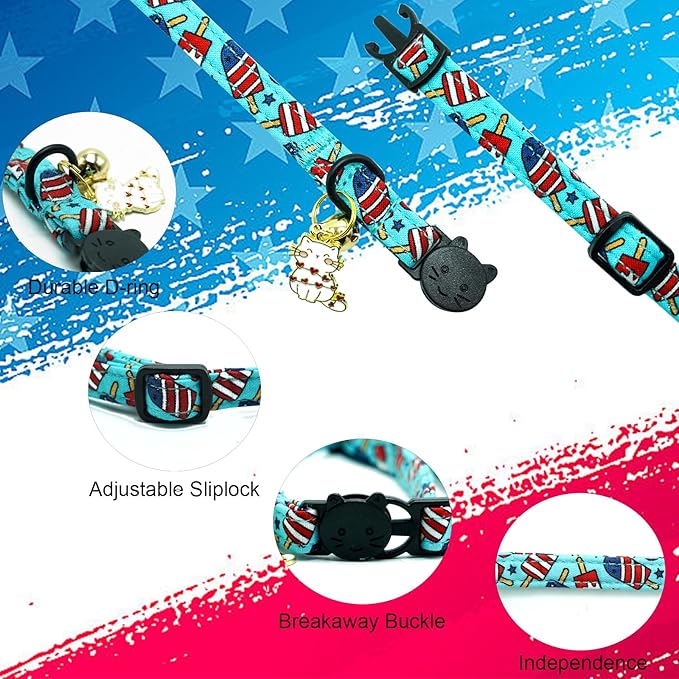 Elegant little tail Independence Cat Collar- 2 Pack Flag Print Cotton Breakaway Cat Collars with Bell Pendant Kitten Boy Girl Safety Adjustable Collar for Small Cats Puppy