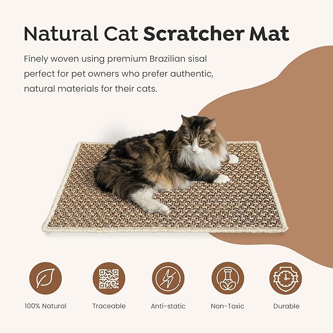 Premium Brazilian Cat Scratcher Mat – 24'' x 16'' Natural Fiber 100% Sisal with Jute Border, Ultra Durable, Scratching Pad, Doormat Rug, Protects Furniture and Carpets (Espresso Brown)