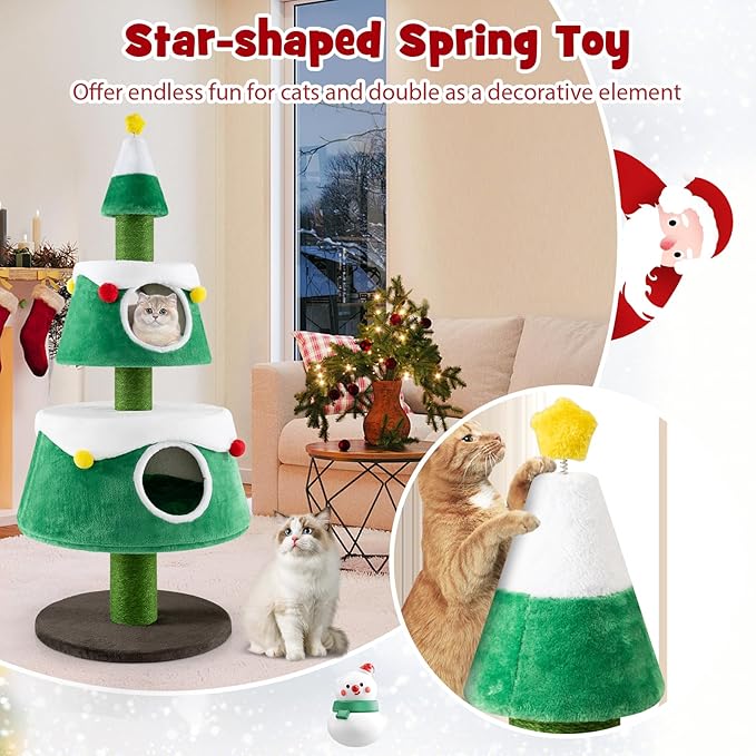 Dreamade 60" Christmas Cat Tower with 2-Level Cat Condos, Premium Scratching Posts,Star Design, Play Center for Kittens, Festive Cat Hideaway Furniture, Green