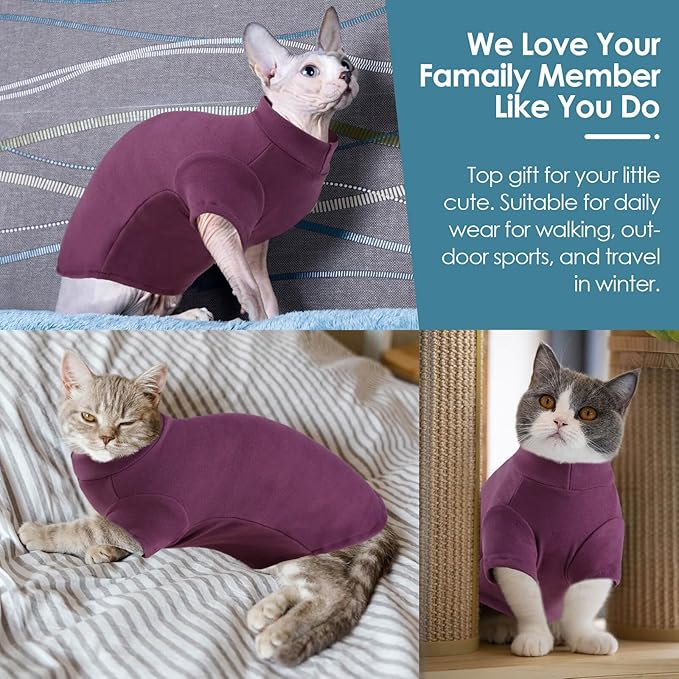 Turtleneck Sweater for Cat, Sphynx Cats Shirt Hairless Cat Sweaters with Sleeves, Warm and Soft Kitten Pullover Fleece Winter Pajamas Jumpsuit for Puppy Cats, Purple S
