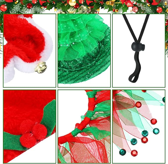 Abbylike 8 Pcs Cat Christmas Costume Suit Tutu Collar and Green Shiny Hat Outfit Santa Christmas Cat Collar with Bell Hat and Collar Kitten Outfit Clothing for Puppy Dog Gift
