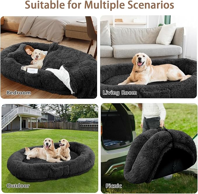 ROOMTEC Human Dog Bed, 78''x51''x12'' Size Fits Adult and Pet Washable Giant People Bed 10 CM Thick Memory Foam Large Oversize Pet Bed with Plump Pillow, Blanket, Strap - Black