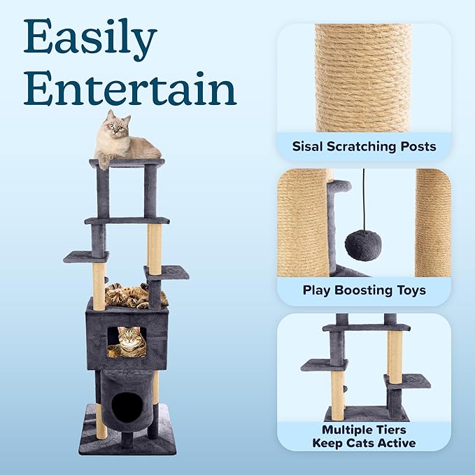 68” Tall Cat Tree Tower - Cat Tower with 2 Kitten Condos, Climbing Perches, 8 Jute Rope Scratching Posts, and Hanging Toy - Multi-Level Kitten Tree and Climbing Activity Furniture by PETMAKER (Gray)