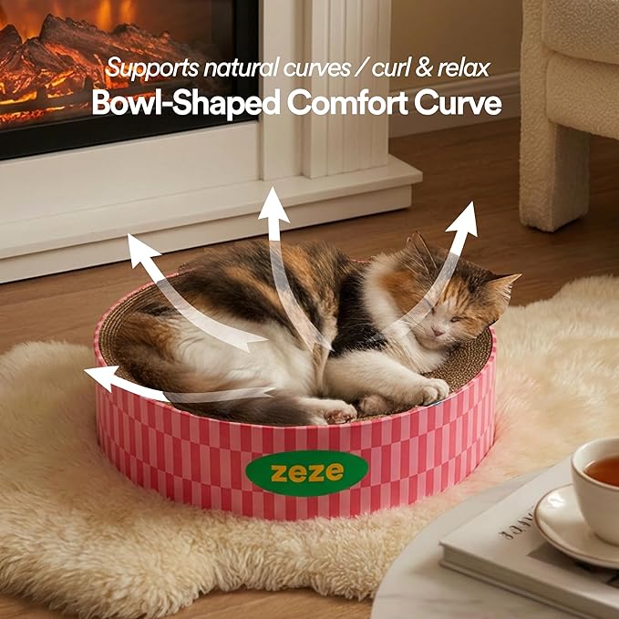 ZEZE Round Cat Scratcher Bed — Durable Corrugated Cardboard Cat Lounge, Scratch & Sleep Bowl Shape Cat Bed, Cozy Curved Design, Minimal Mess, Sturdy Edge Support (Retro Sweetheart)