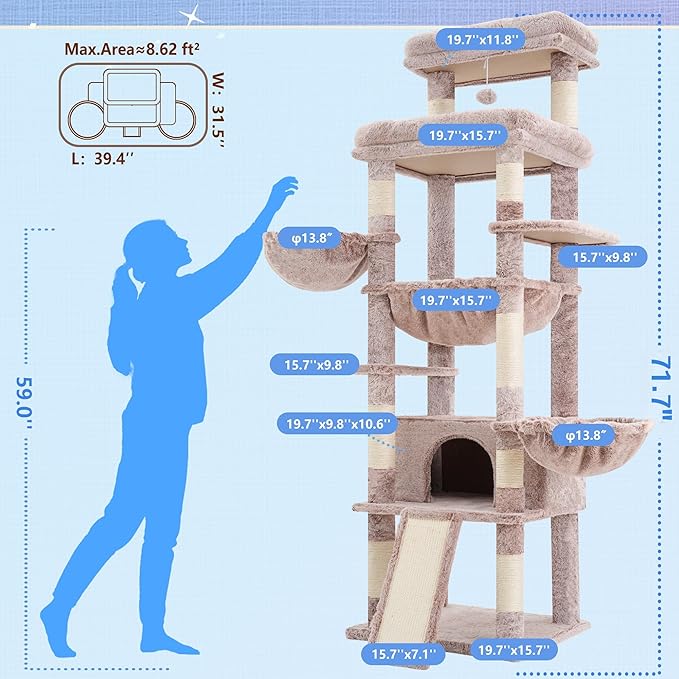 Hey-brother Cat Tree Tower, Scratching Posts with Extra Large Platform and Basket, Specious Condo, 2 Cozy Hammocks, Scratch Board for Indoor Adult Cats, Maine Coon 71.7 inches, Muchroom MPJ080MU