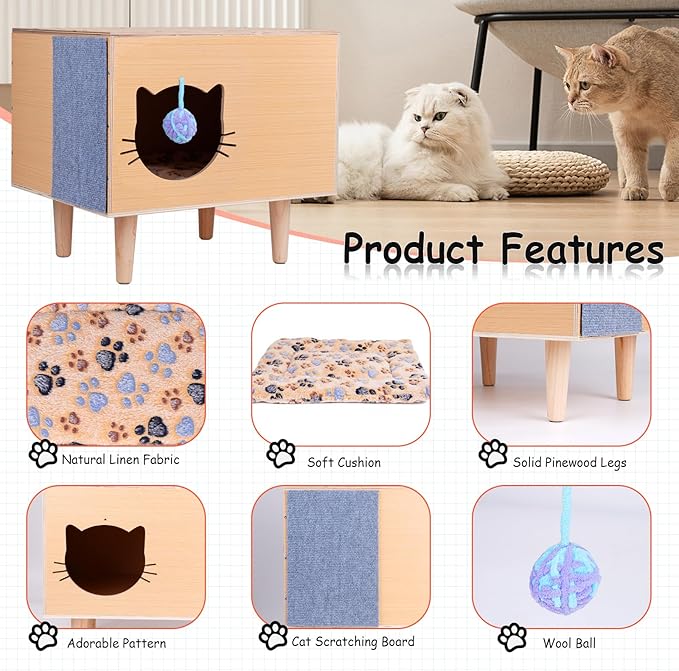 Cat House for Indoor Cat Bed Cave Wooden Condo with Cushion Scratcher Fluffy Ball Large Kitten Small Animal Stray Cats Hideaway Pet Cube