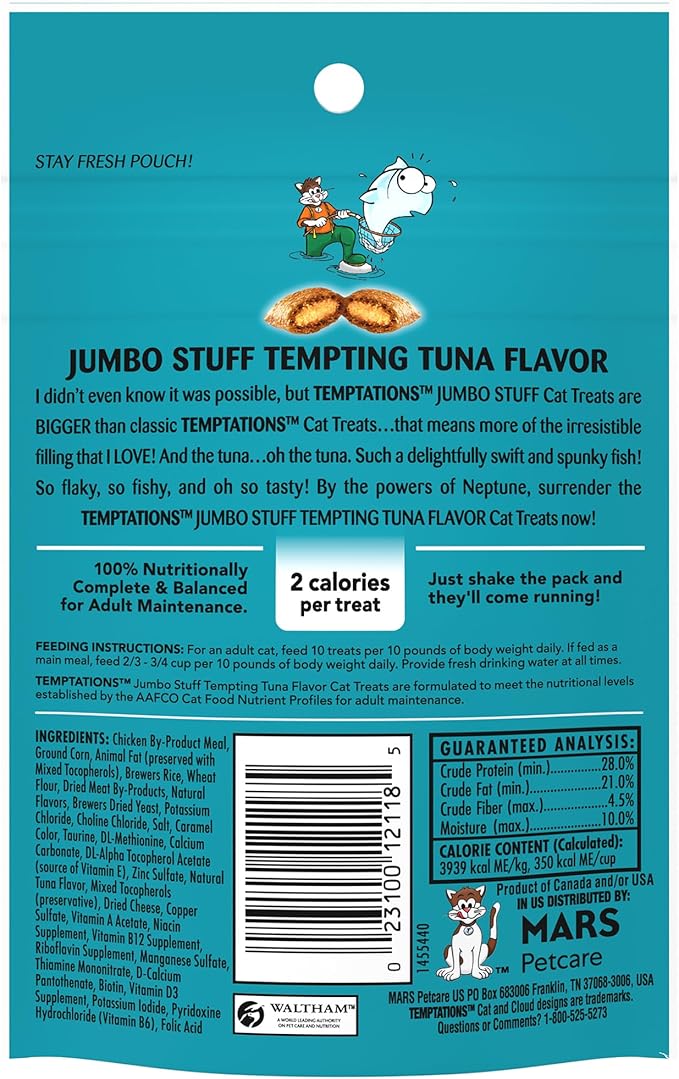 Temptations Jumbo Stuff Crunchy and Soft Cat Treats, Tempting Tuna Flavor, 2.5 oz. Pouch (Pack of 12)