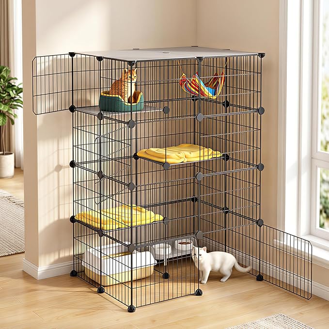 Oneluck 4-Tier Cat Cage for Indoor Cats 47.2-Inch Large Detachable Metal Wire Catio Enclosure Modular DIY Pet Playpen with 3 Platforms and 4 Doors for 1-2 Kittens 31.5 x 23.6 x 47.2 Inches Black