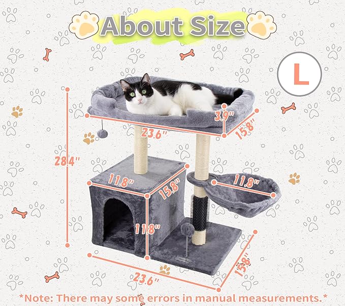 28.3" Small Cat Tree Tower,Cat Scratching Post for Indoor Cats,Featuring with Cat Cave & Cozy Perch,Cat Self Groomer and Interactive Dangling Ball Great for Kittens/Cats (Light Gray, Large)