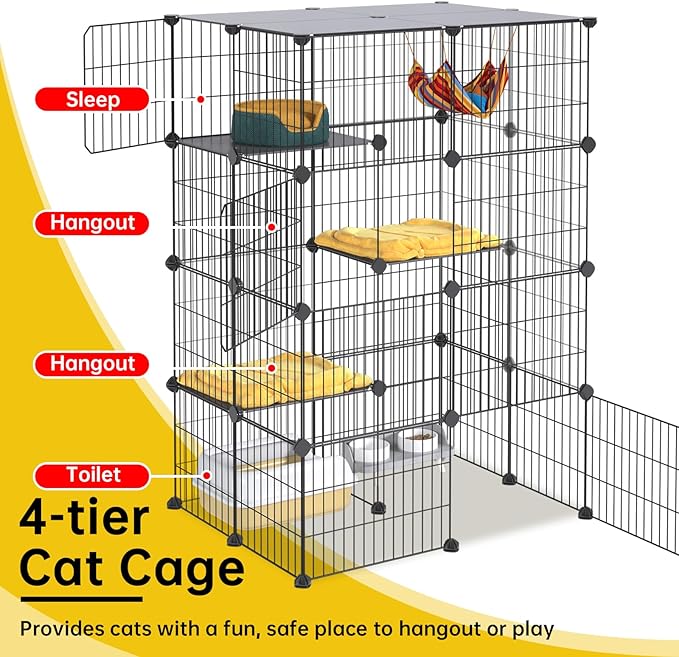 Oneluck 4-Tier Cat Cage for Indoor Cats 47.2-Inch Large Detachable Metal Wire Catio Enclosure Modular DIY Pet Playpen with 3 Platforms and 4 Doors for 1-2 Kittens 31.5 x 23.6 x 47.2 Inches Black
