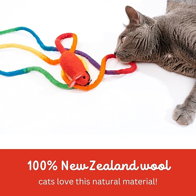 Catch a Mouse Wool Cat Toy with a 6-Ft Tail for Indoor Cats & Kittens. Cute Toy Mouse, Rat Plush Toy, Fake Mice. No Catnip. Pride (Rainbow)
