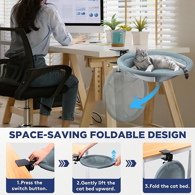 AIPERRO Foldable Cat Desk Bed – Space-Saving 90° Fold, Removable Washable Cover, Supports Up to 45lbs, Sturdy Cat Sleeping Bed for Large Cats, Perfect for Office/Game Table