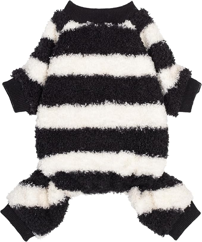 Fitwarm Fuzzy Striped Dog Pajamas, Winter Clothes for Small Dogs Girl Boy, Fleece Dog Onesie, Soft Pet PJS, Doggy Apparel, Black, White, XS