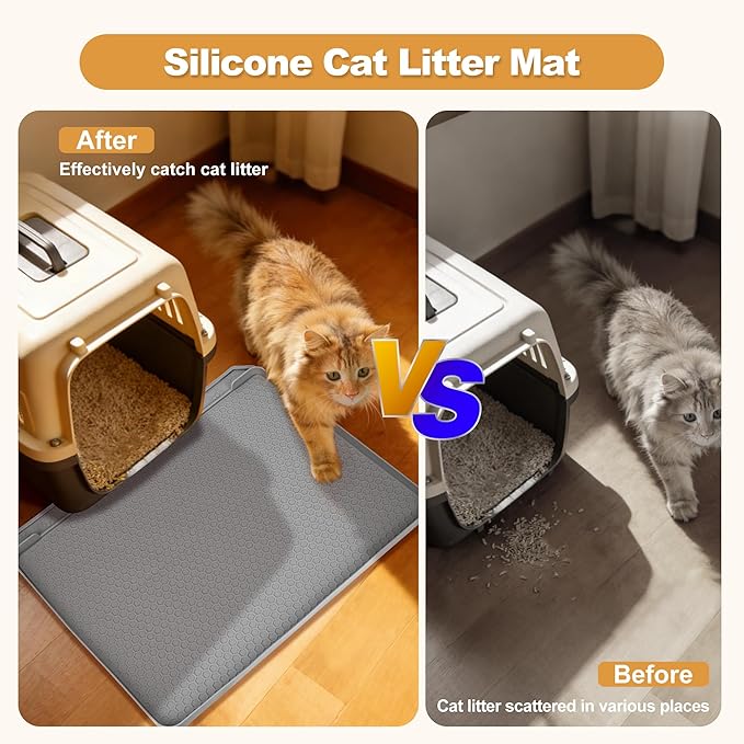 Cat Litter Mat, 24''x20'' Waterproof Silicone Litter Trapping Mat for Litter Box, Soft on Kitty Paws Non-Slip & Easy to Clean (Light Grey)