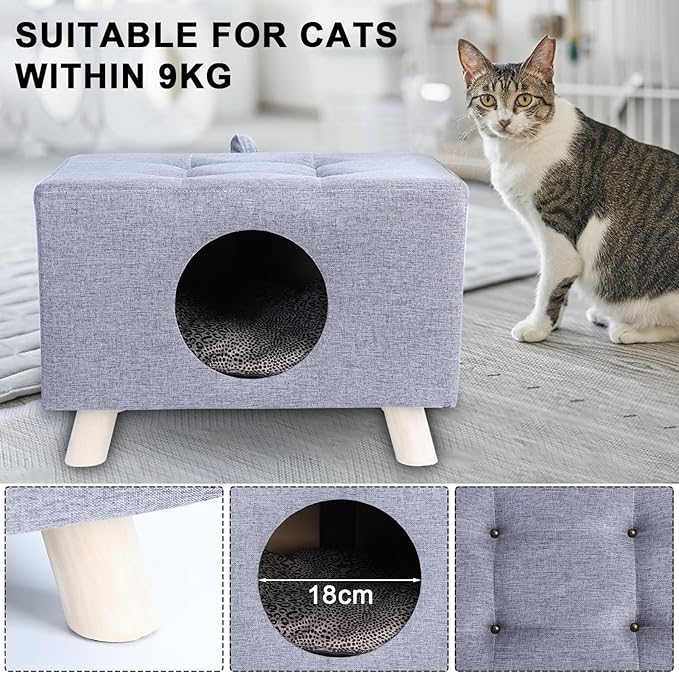Cat Nest, Wooden Pet House Ben with Mat, Cat or Dog Furniture Bed - Wooden Feet, Enclosed Design Cat Cube, Cozy Condo Cave, 18.7x10.2x11.8 Inch (Grey) 1 Set