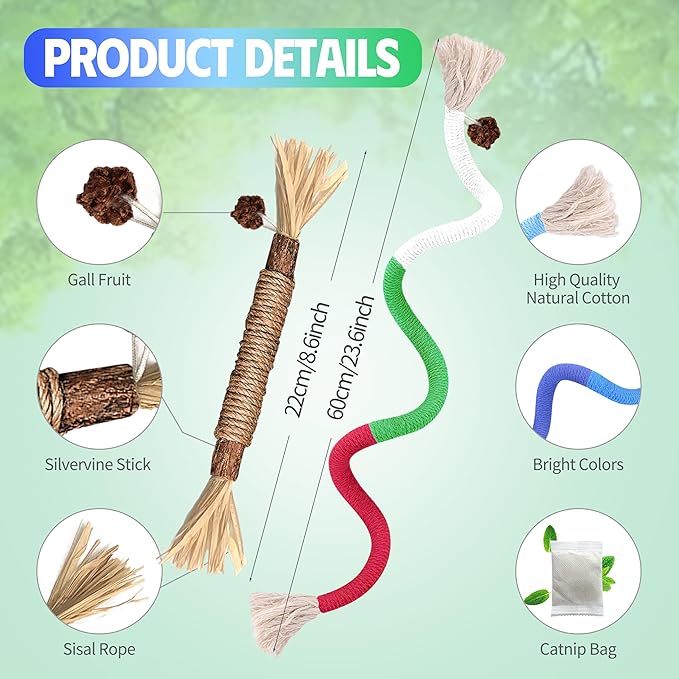 GBSYU Cat Toys Chew Rope & Silvervine Sticks for Bored Indoor Adult Cats, 6Pcs Interactive Catnip Toys for Cats with Refillable Natural Catnip Bag for Teeth Cleaning