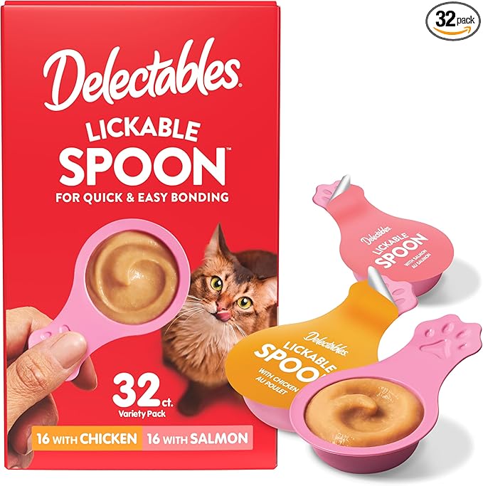 Delectables Lickable Spoon Handheld Wet Cat Treats Made with Real Chicken & Salmon, Quick & Easy Creamy Puree, Mess Free, Grain-Free, No Added Fillers, No by-Products, Variety Pack, 32ct