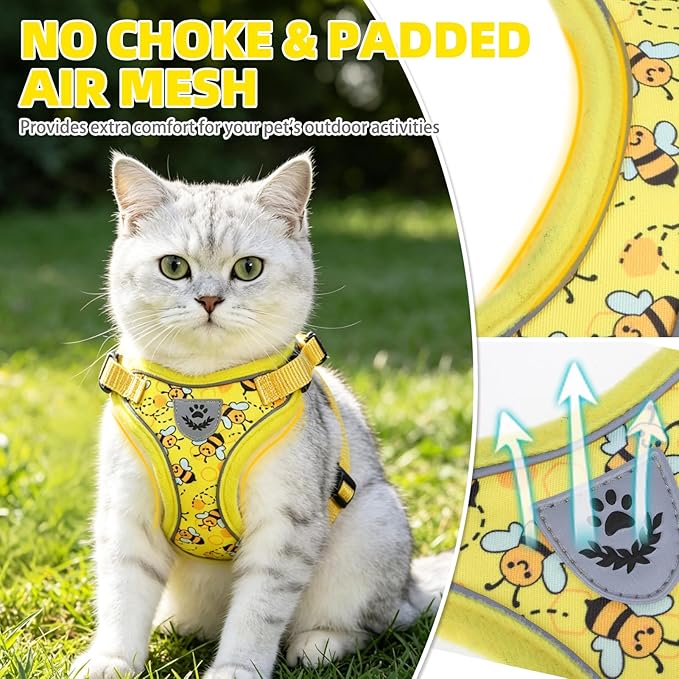 PUPTECK Cat Harness and Leash Set Escape Proof Reflective Cat Walking Harness Adjustable Soft Breathable Mesh Vest for Small Pets, Yellow Bee, M