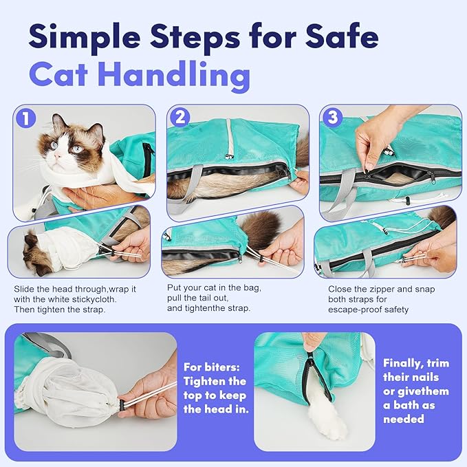 Cat Bathing Bag Anti Scratch Bite Breathable Mesh- Cat Grooming Bag for Nail Trimming, Injections, Medication, Dental Care, Vet Visits, Cats Shower Bag with Zippers,Green M