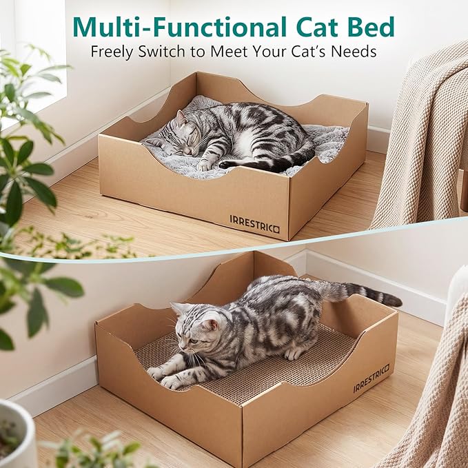 Cardboard Cat House with Replaceable Scratcher & Waterproof Cushion, 2-in-1 Cat Lounge Bed & Scratch Box, Eco-Friendly Cat Furniture Cube Cat Bed for Indoor Cats 13.8"