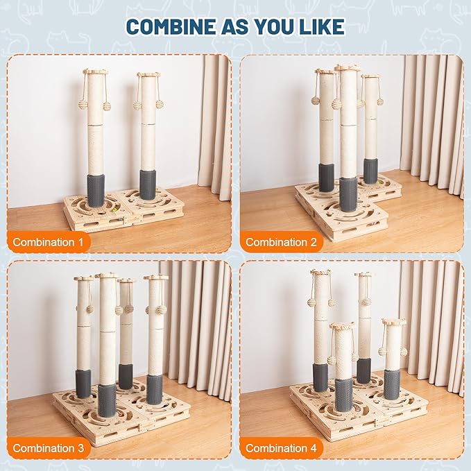 20.5 Inch Cat Scratching Post, 4-in-1 Interactive Maze Base with Cat Self Groomer, Natural Pine Wood & Premium Sisal Scratching Pole, Anti-Slip Detachable Design for Indoor Cats