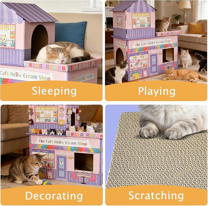 Cardboard Cat House for Indoor Cats, Double Layer Cat Scratcher House for Large Kitty Rabbit Bunny, Scratch & Sleep 2 in 1 Design, Durable & Easy to Assemble Scratching Bed (Ice Cream Shop)