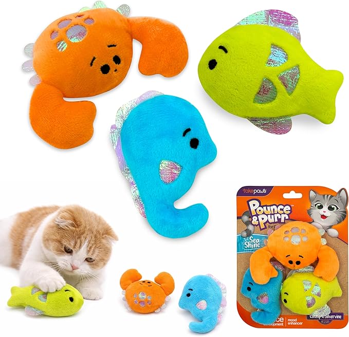 Pounce & Purr® Plush Cat Toys, Catnip & Silvervine Infused, Shiny Iridescent Accents, Interactive Play Toys for Cats & Kittens (Colorful Seashine Series)