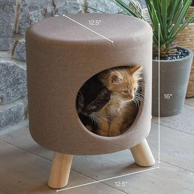 4 Cats & Dogs Wallie Stool – Plush Pet Stool & Bed with Wooden Legs, Cozy Cat Condo Furniture & Pet Nook Hideaway, Multipurpose Stool with Cozy Pads for Cats & Small Dogs, Tan
