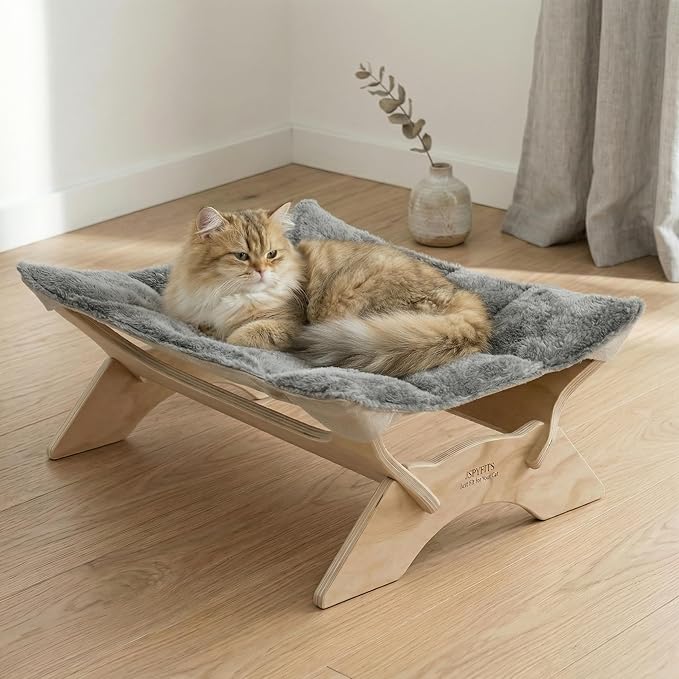 JSPYFITS Elevated Cat Bed Hammock, Raised Orthopedic Dog Bed with Dual-Sided Plush & Linen Cushion, Modern Cat Furniture for Medium to Large Cats, Easy Assembly(Gray)