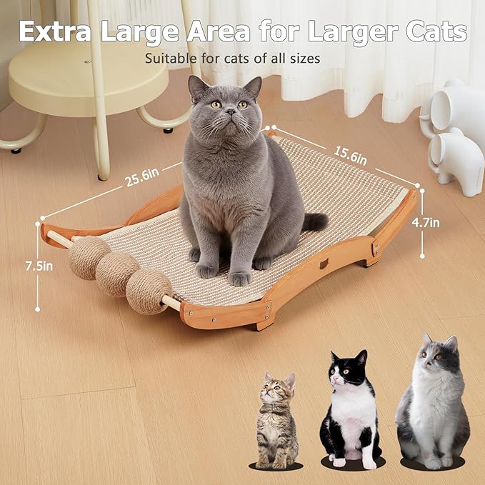 Extra-Larger Sisal Cat Scratcher Bed with Ball, 3-in-1 Cat Scratching Pad with Hammock, Natural Sisal with Solid Wood Frame Cat Scratch Post for Indoor Cats Lounger & Sleep & Scratch